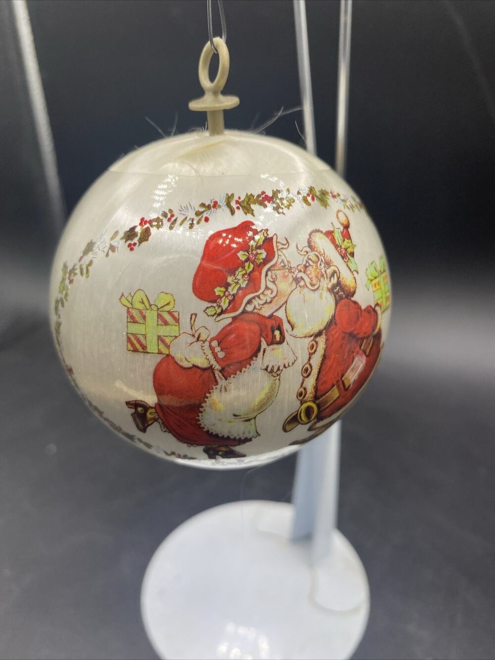 White Vtg Santa & Mrs Claus kissing Reading List Satin Ball Christmas Ornament